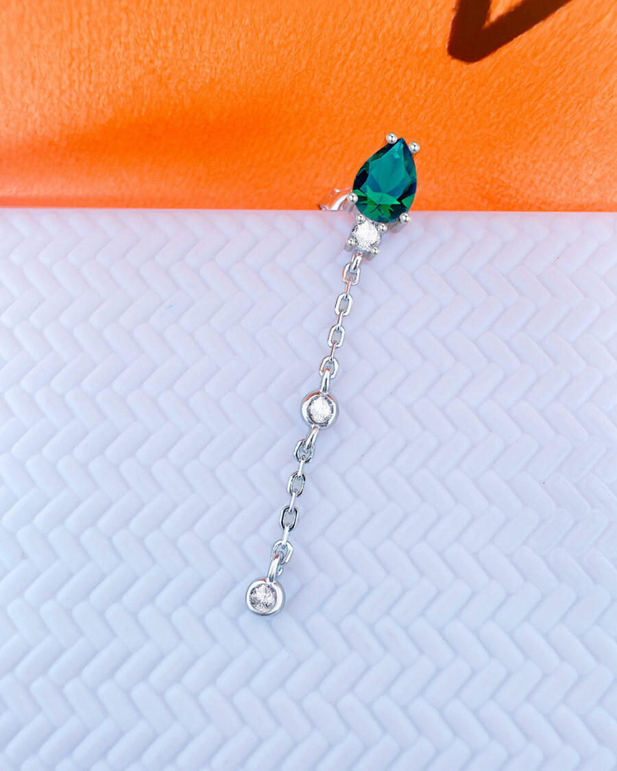 CZ emerald color pear shape stud earring with dngling chain and two white CZ in bezel setting. - Image 2