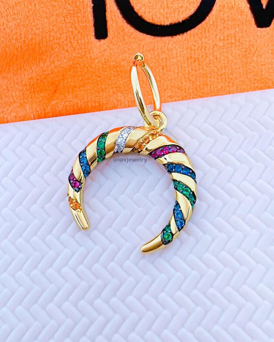 plain hoop with dangling crescent shape studded with colorful CZ.
