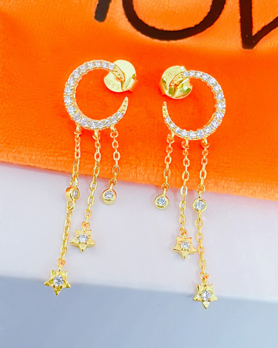 crescent shape stud earring with dangling chains. - Image 2