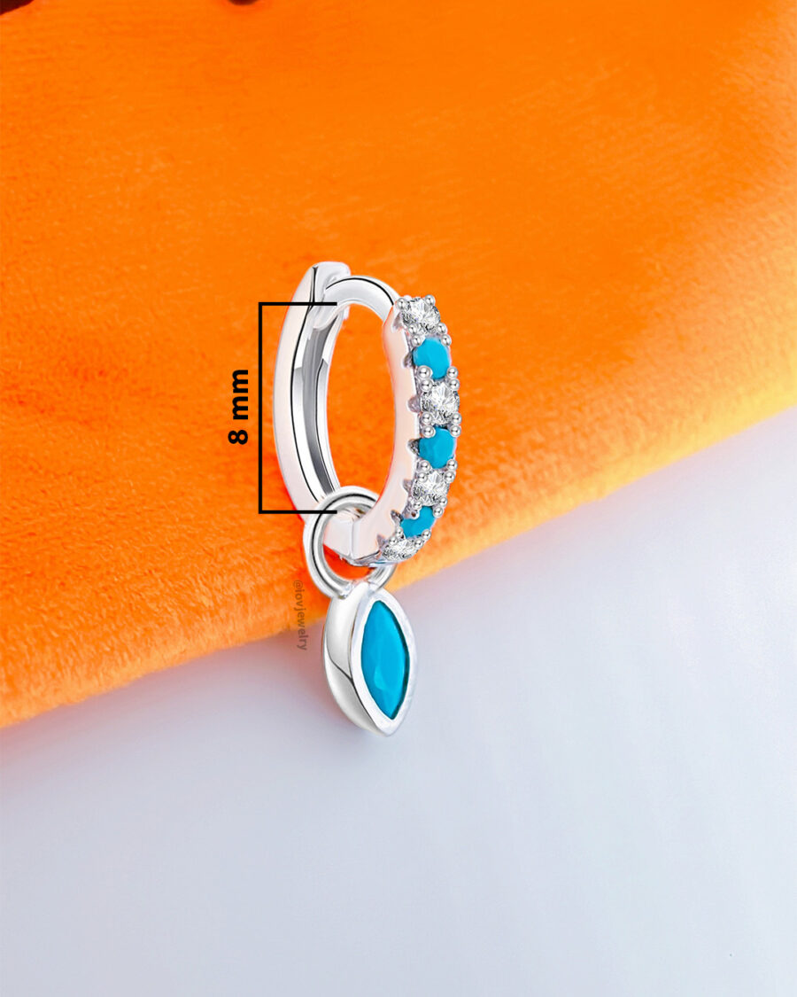 white CZ and turquoise stones huggie hoop with removable dangling marquise shape turquoise stone. - Image 2