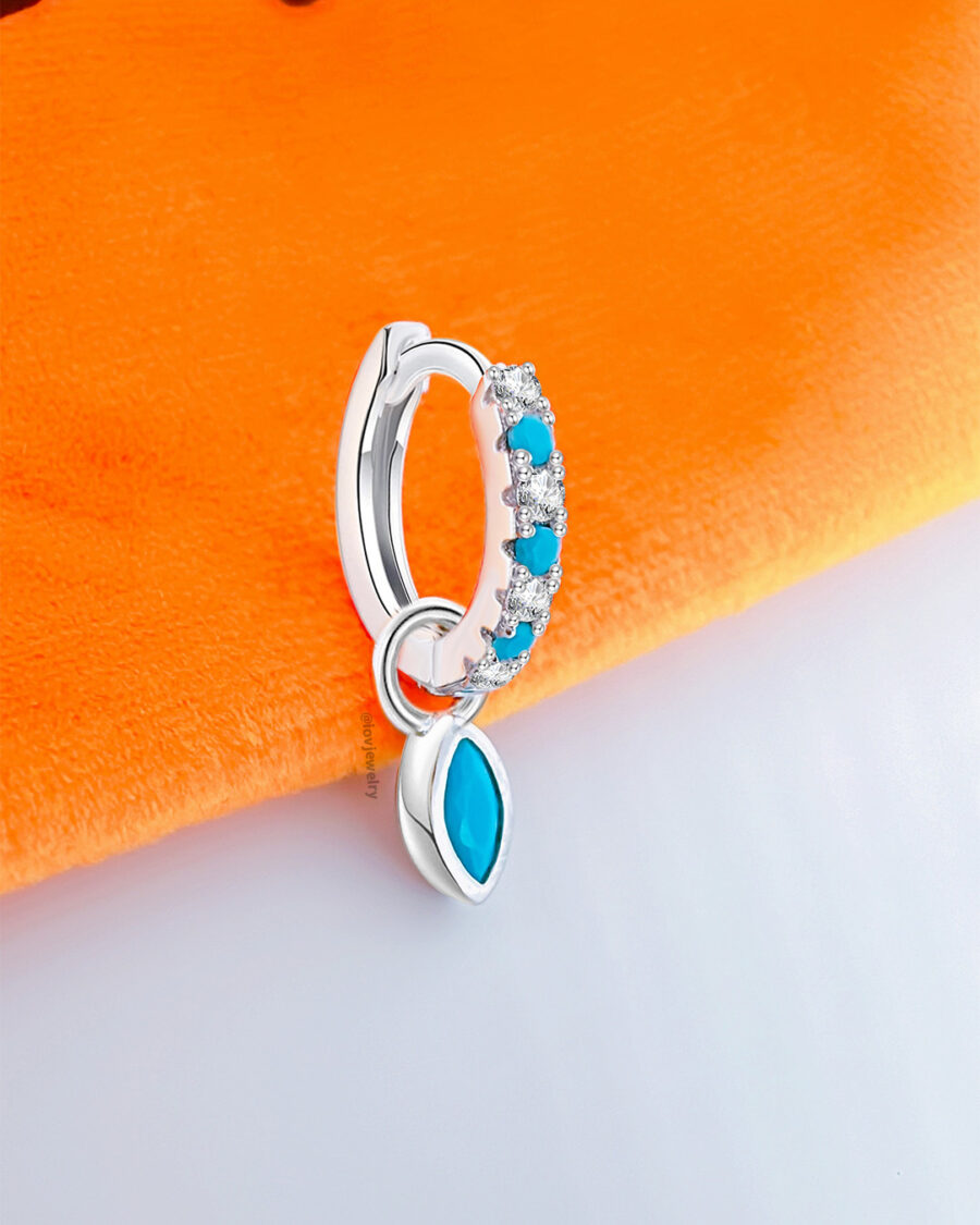 white CZ and turquoise stones huggie hoop with removable dangling marquise shape turquoise stone.