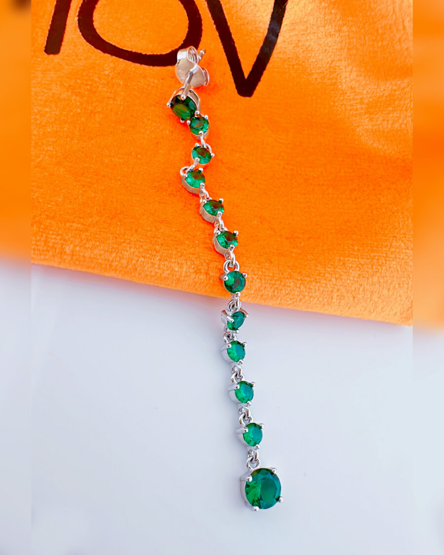 long line of emerald color round stones stud earring. - Image 3