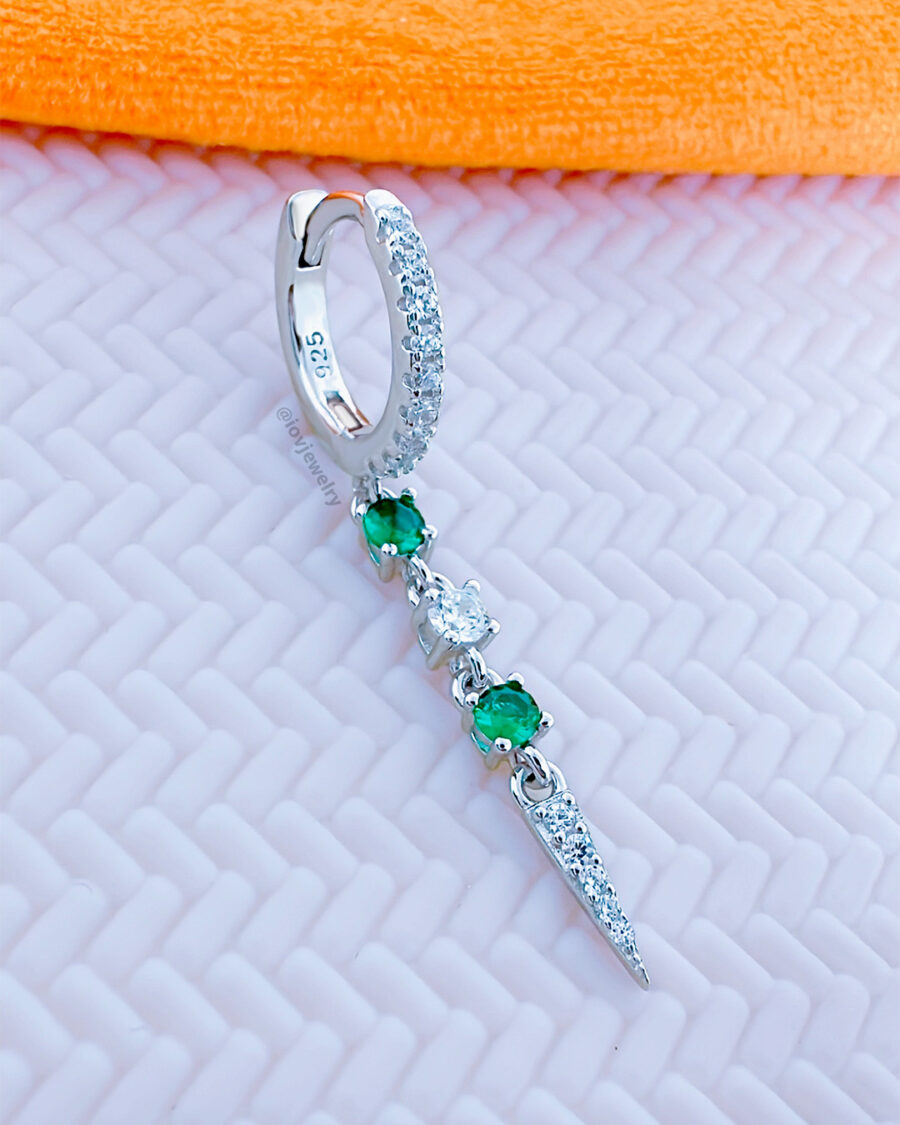 CZ huggie hoop with dangling emerald color and white stones. - Image 2