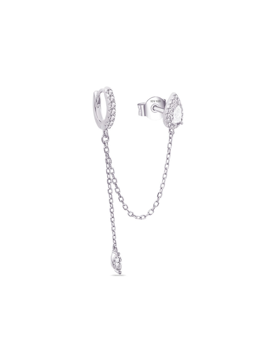 pear shape stud linked to huggie hoop with dangling chain ends with marquise shape stone. - Image 3