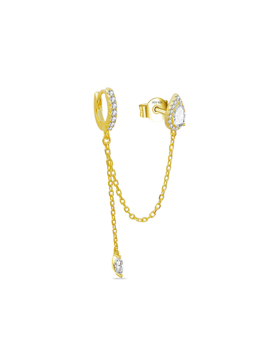 pear shape stud linked to huggie hoop with dangling chain ends with marquise shape stone.