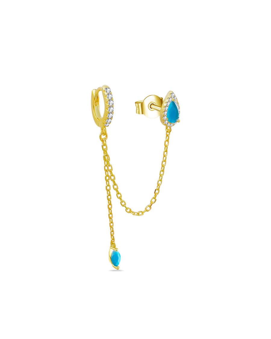 pear shape stud linked to huggie hoop with dangling chain ends with marquise shape stone. - Image 4