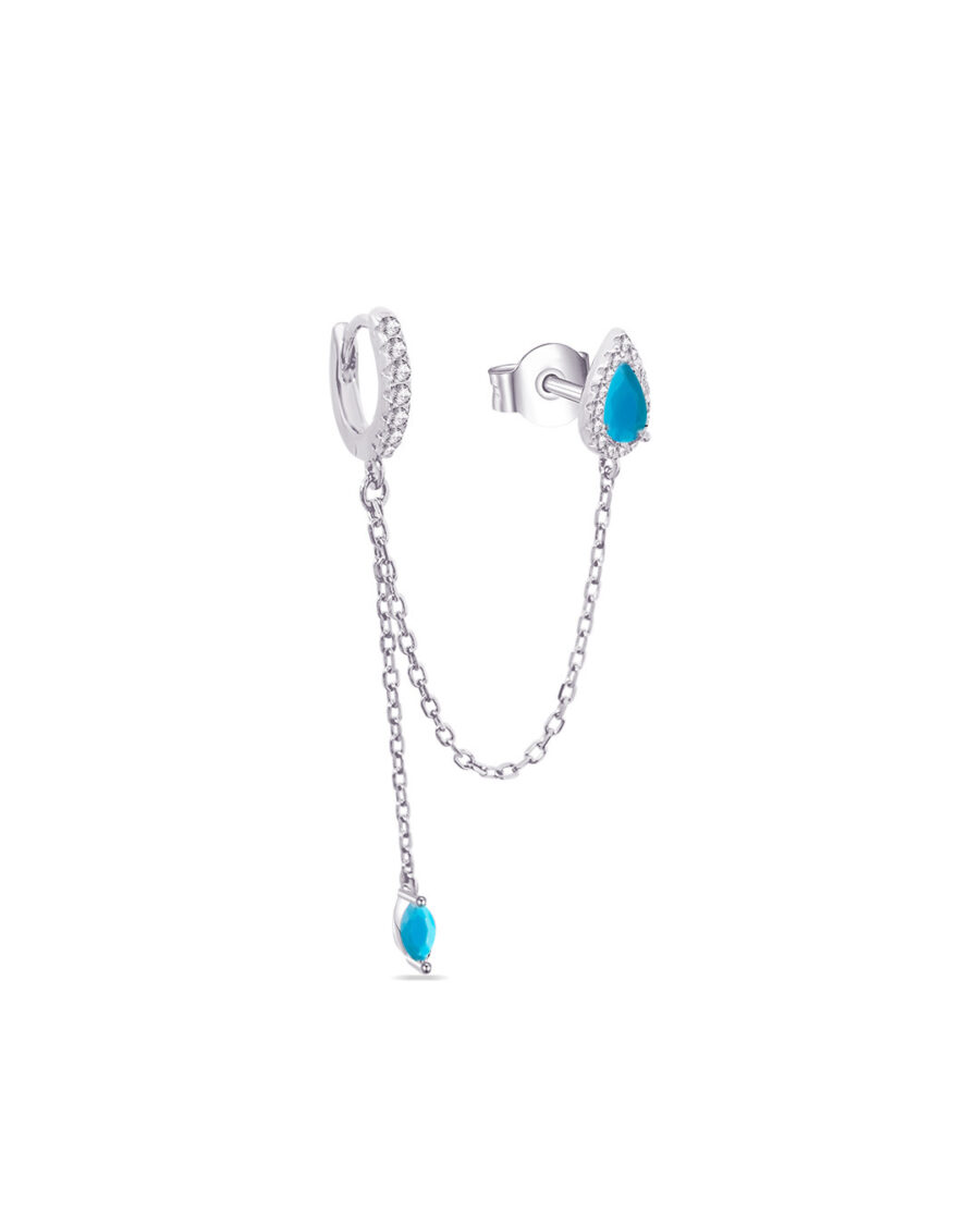 pear shape stud linked to huggie hoop with dangling chain ends with marquise shape stone. - Image 5