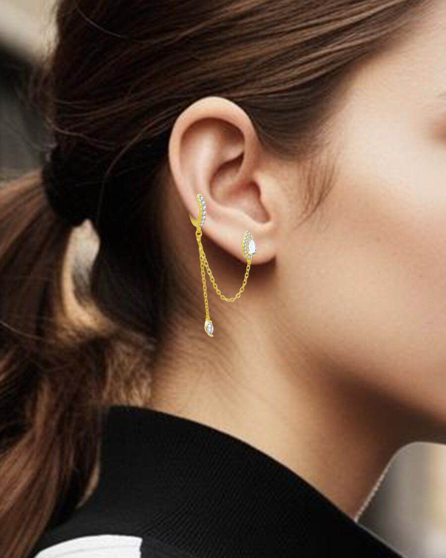 pear shape stud linked to huggie hoop with dangling chain ends with marquise shape stone. - Image 2