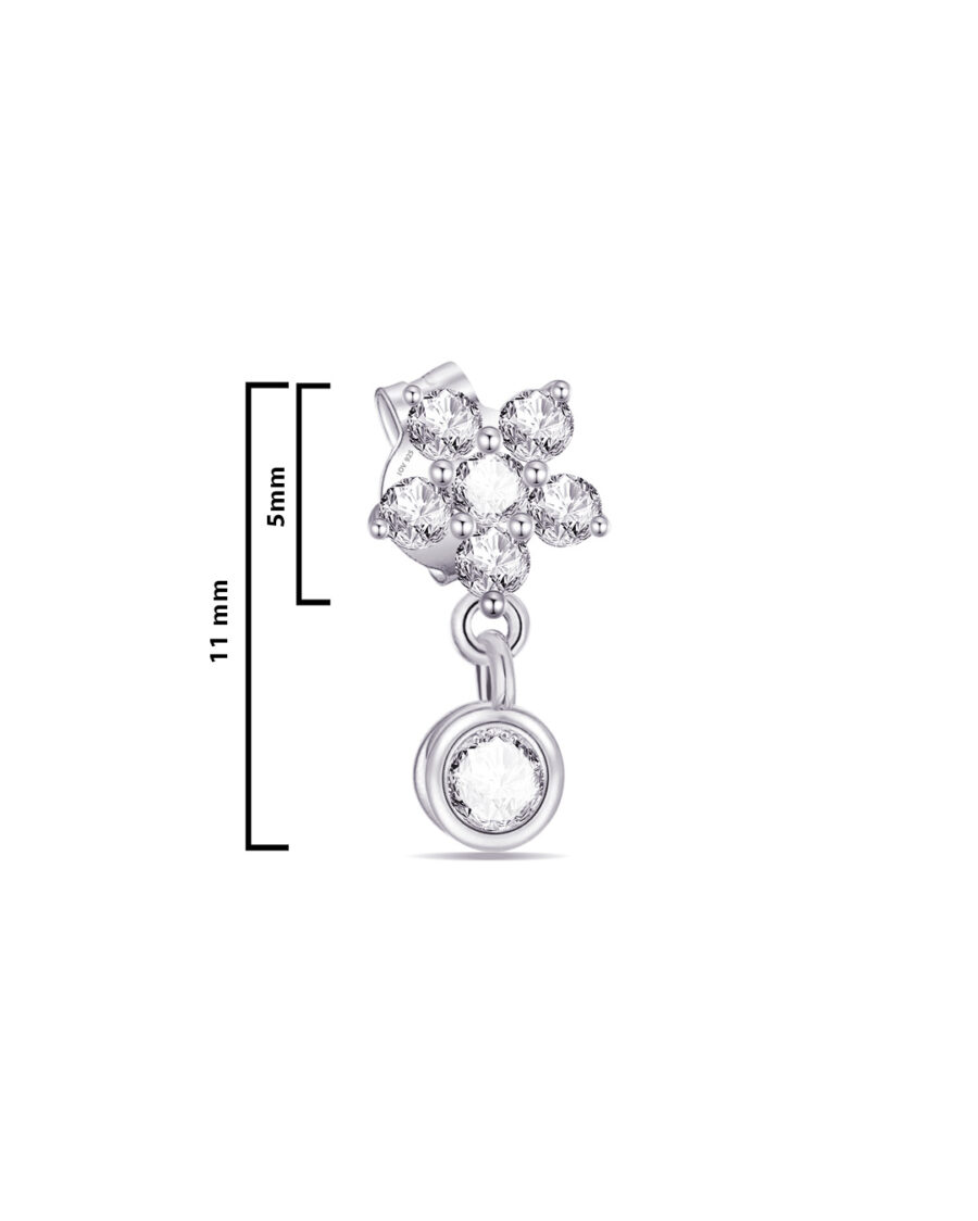 cluster of CZ stones in the shape of a flower with dangling stone in a bezel setting stud earring. - Image 2
