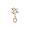 cluster of CZ stones in the shape of a flower with dangling stone in a bezel setting stud earring.
