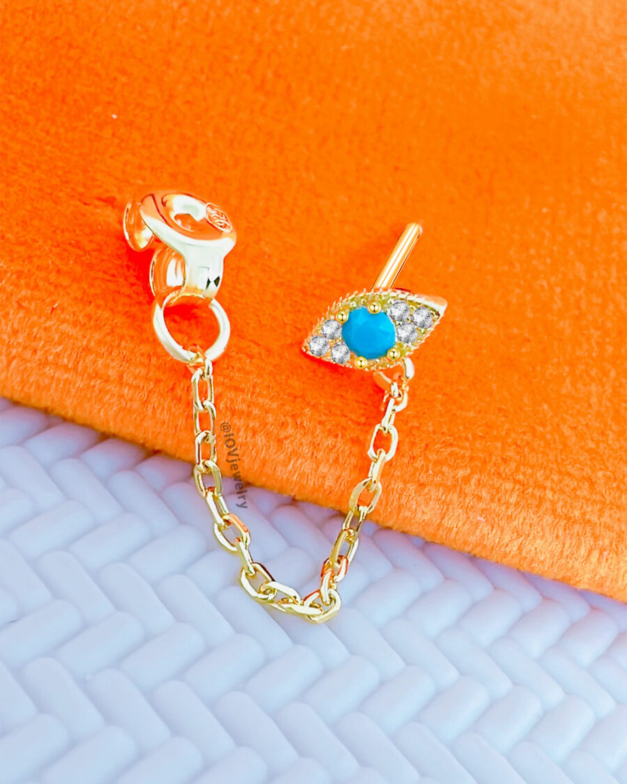 turquoise and CZ back and front chain earring.