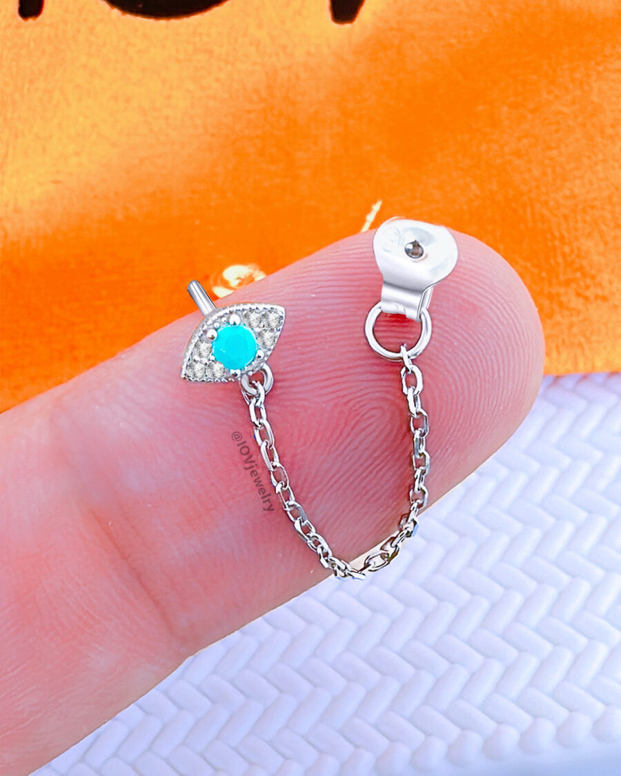turquoise and CZ back and front chain earring. - Image 2