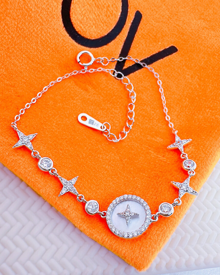 mother of pearl and CZ stones in bezel setting bracelet.