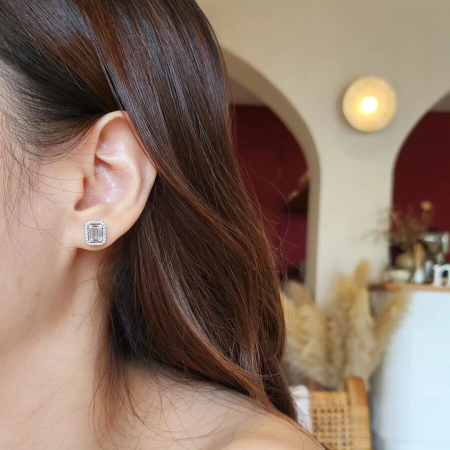 rectangular baguette and round stones stud earring