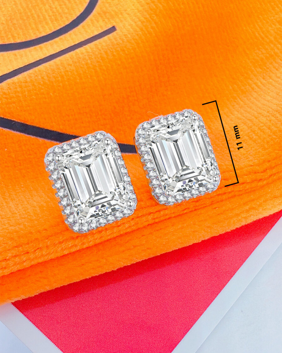emerald cut CZ stone in a halo setting stud earrings. - Image 2