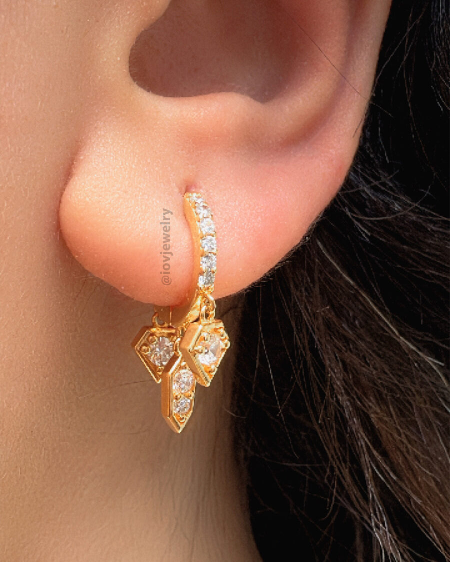 CZ hoop earring with three dangling shapes. - Image 2