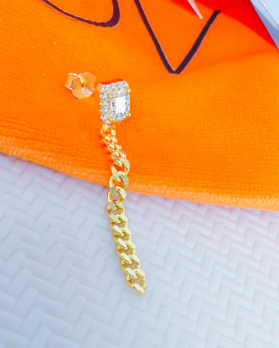 radiant cut CZ in a halo setting with dangling curb chain stud earring.