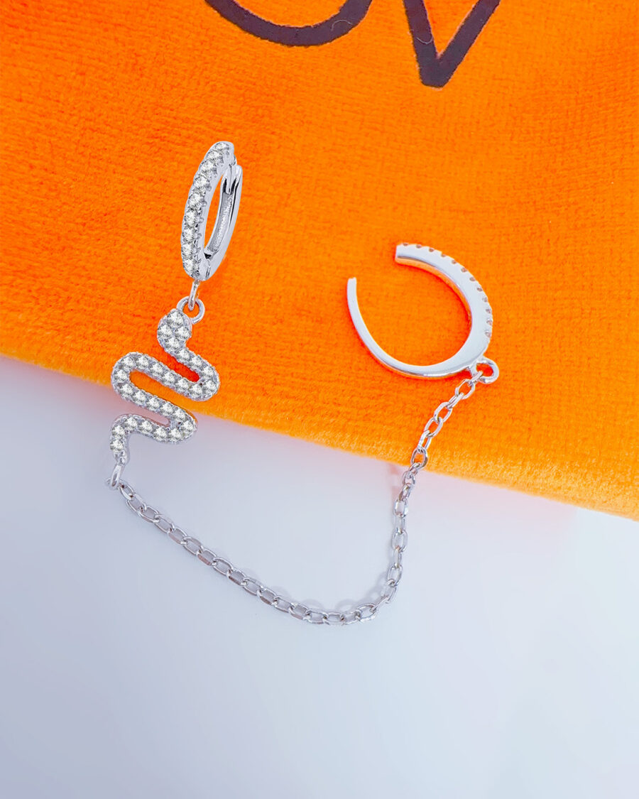 CZ hoop with dangling snake shape chain-linked with earcuff.