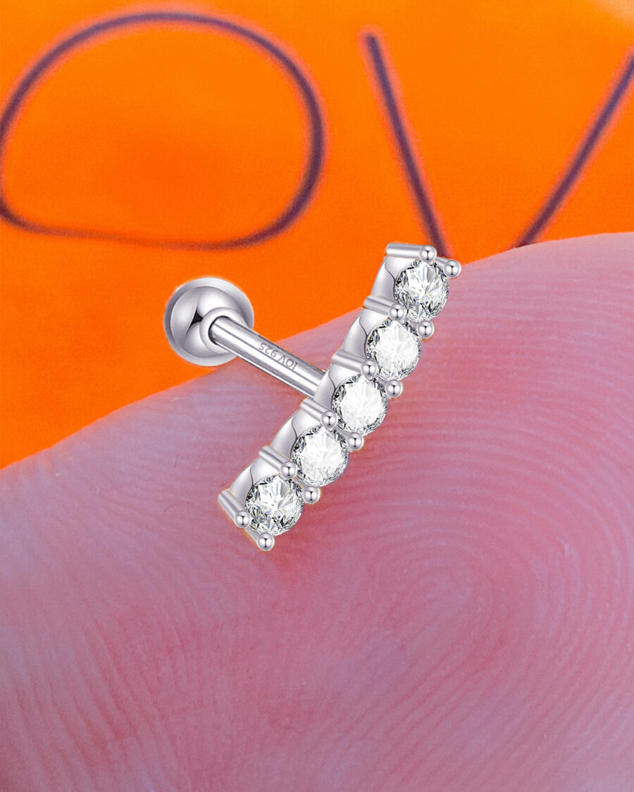 one size round CZ stones in a curved line ballback piercing earring. - Image 4