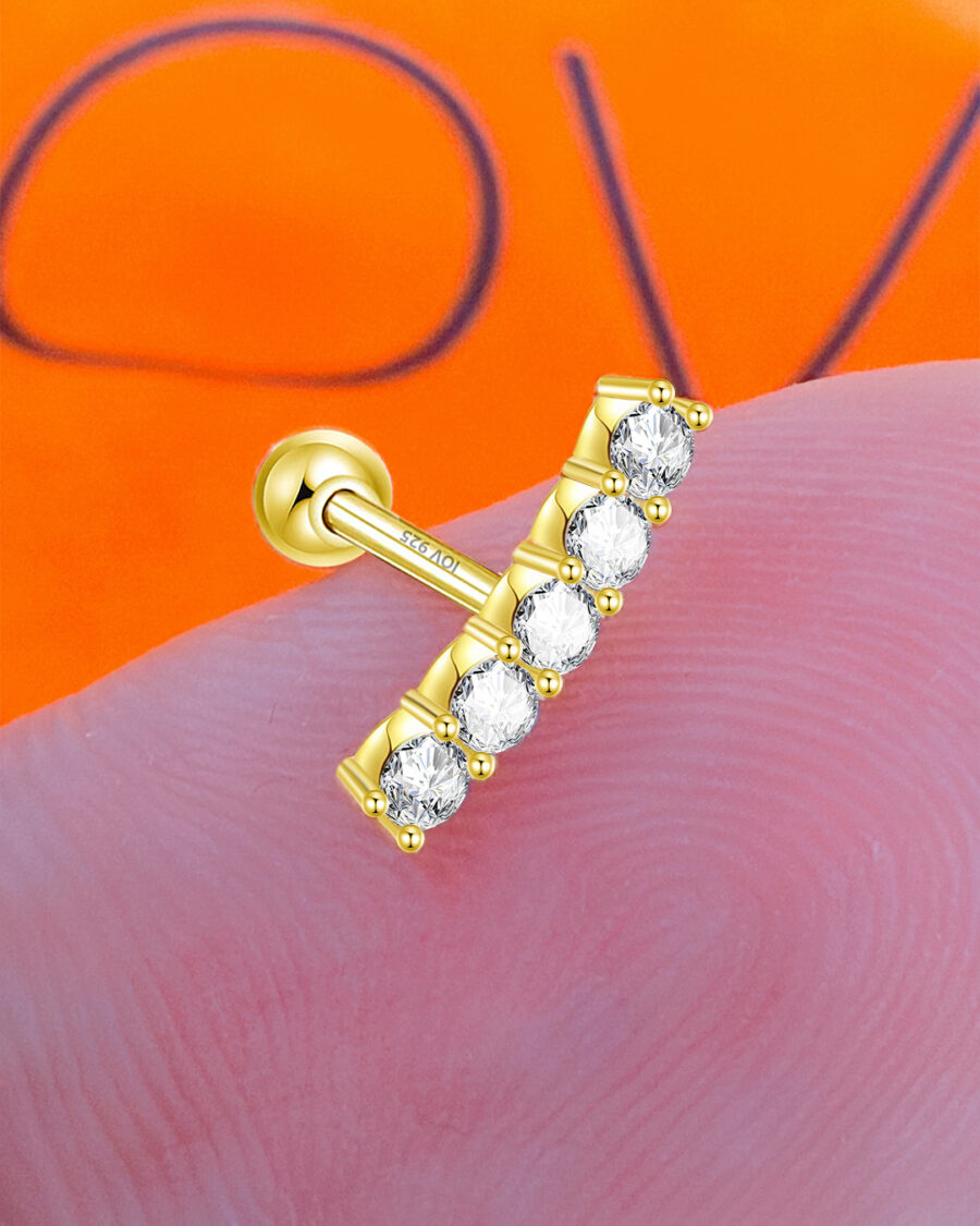 one size round CZ stones in a curved line ballback piercing earring.