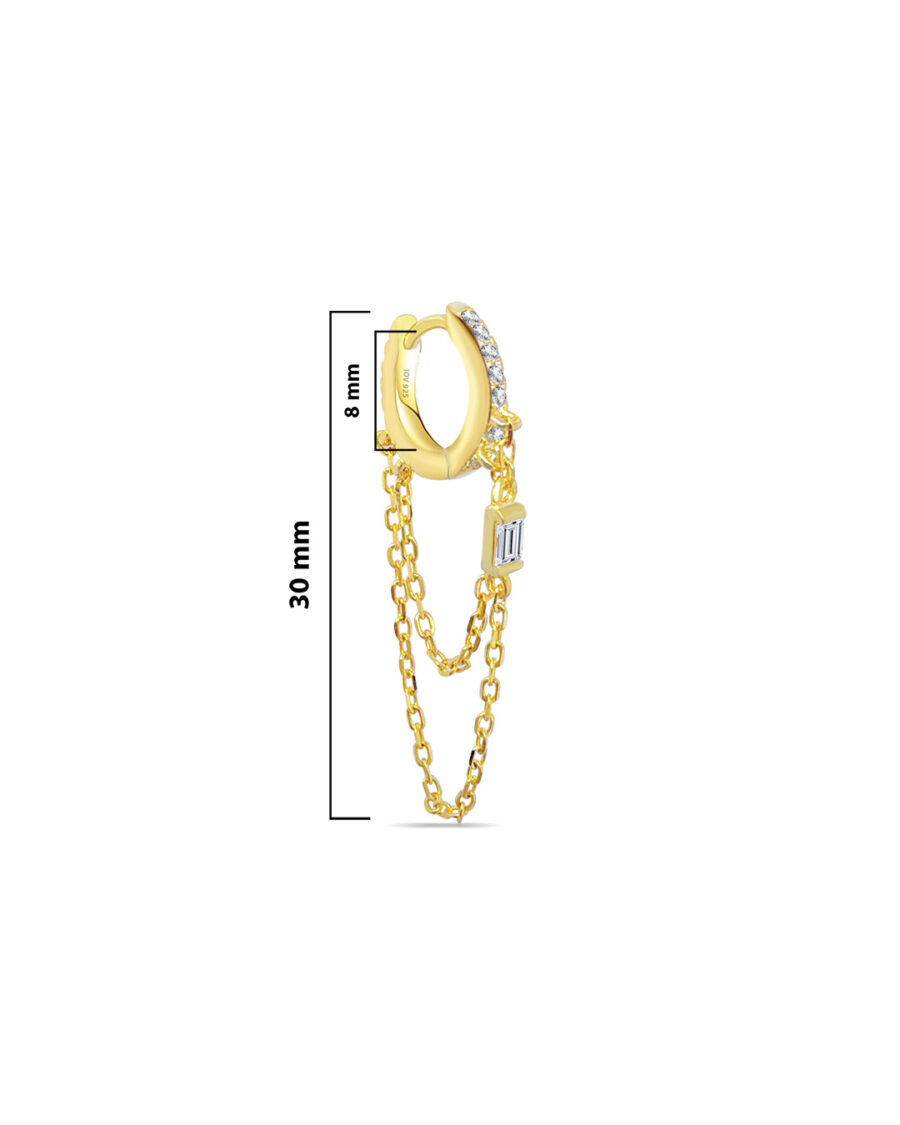 CZ huggie hoop with dangling double chains studded with baguette. - Image 2