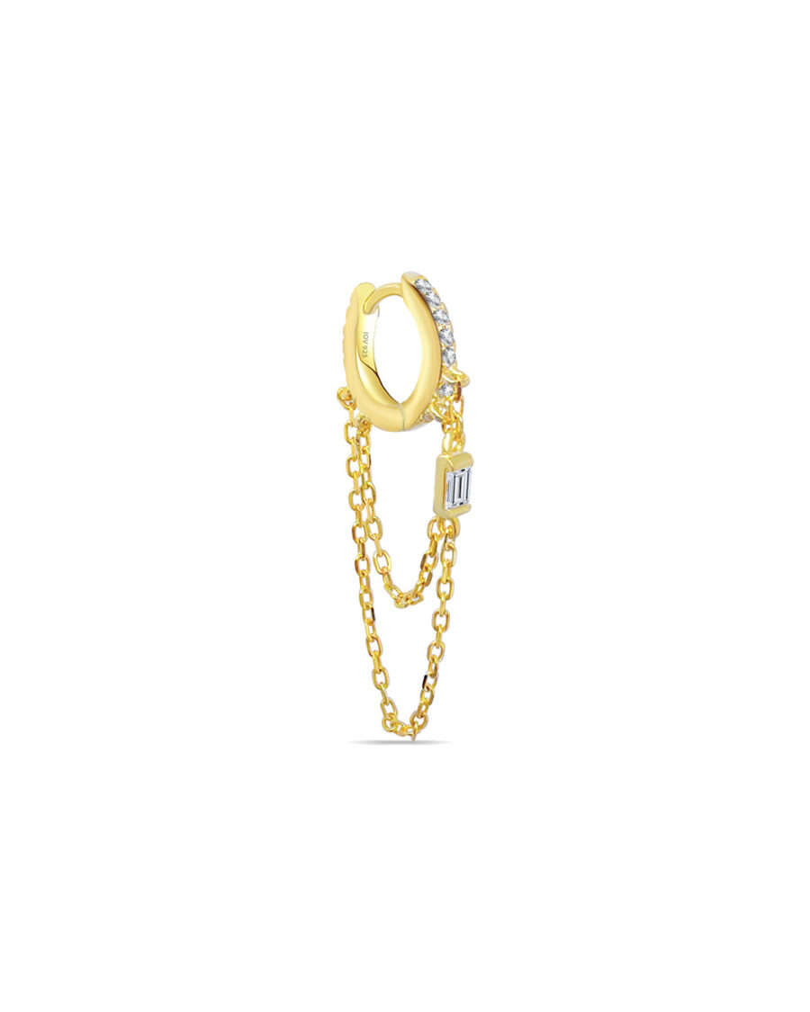 CZ huggie hoop with dangling double chains studded with baguette.
