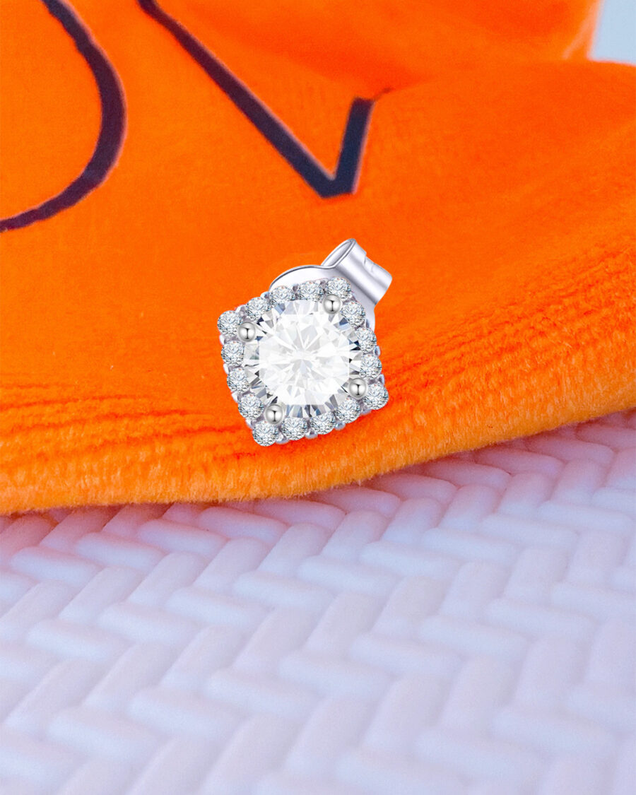 CZ round stone in a square halo setting stud earring.