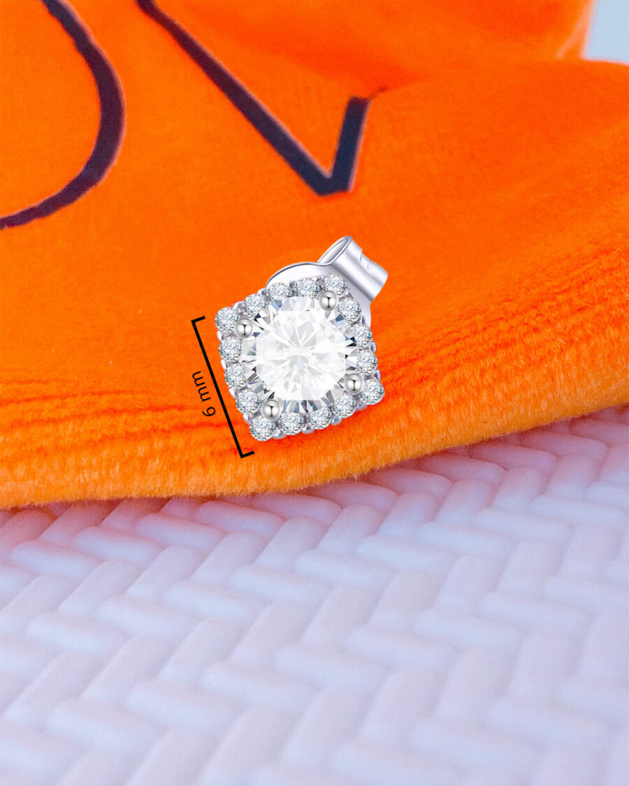 CZ round stone in a square halo setting stud earring. - Image 3