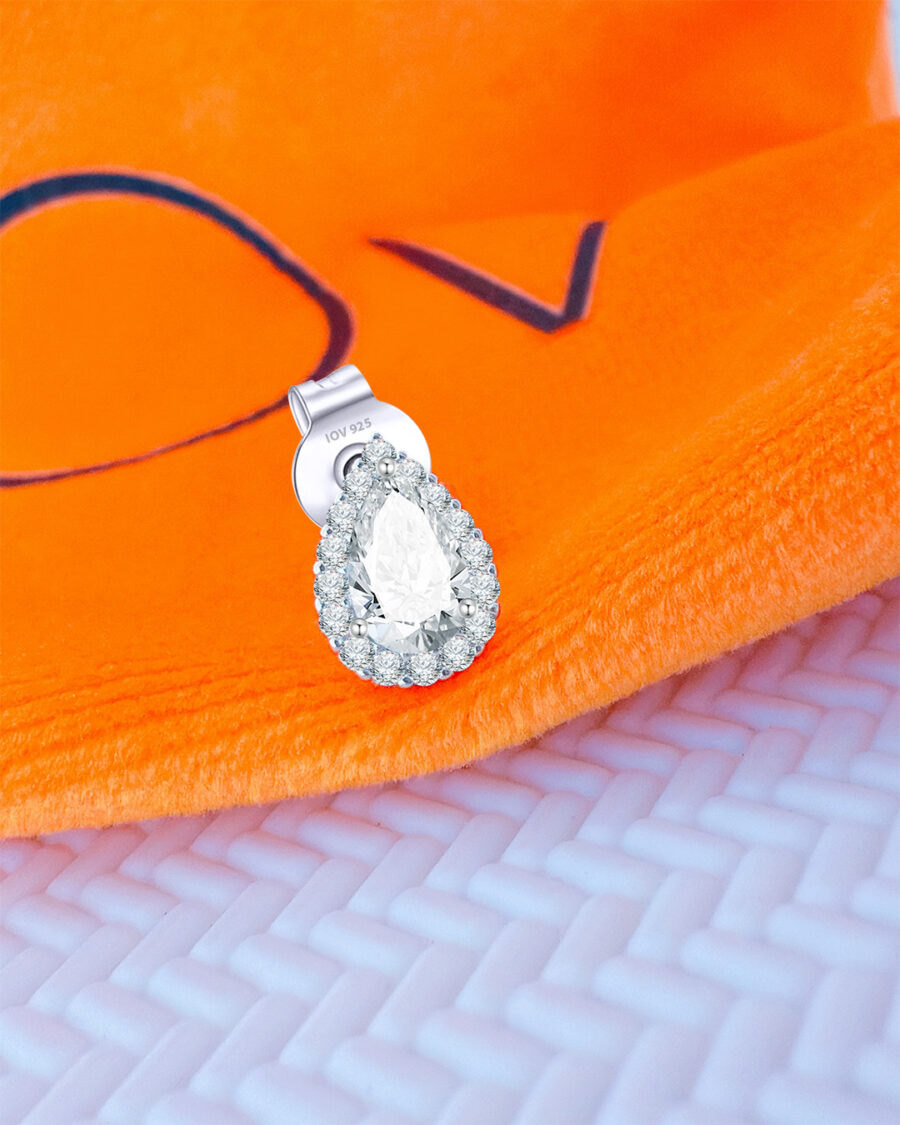 CZ pear shape in a halo setting stud earring.