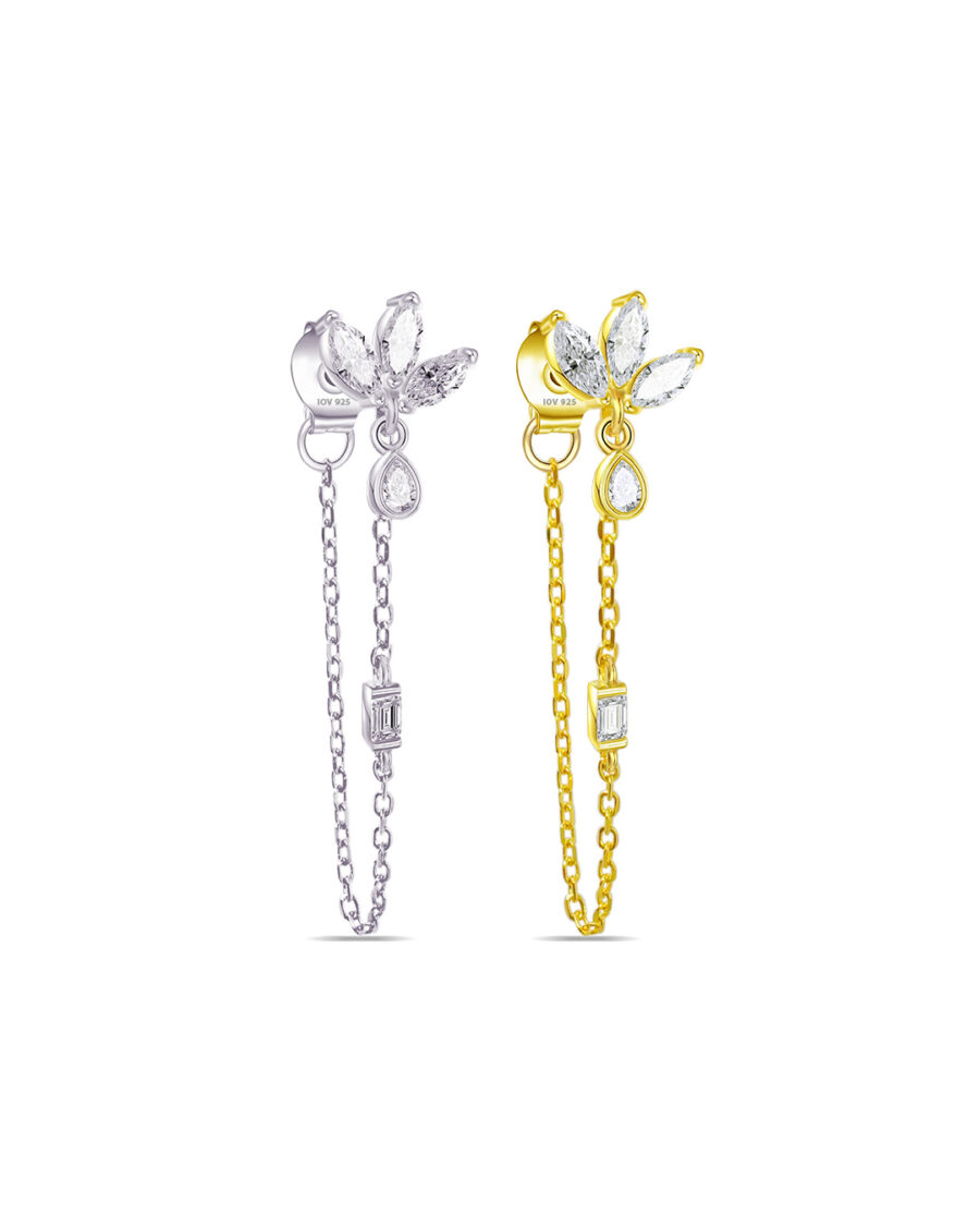 CZ marquise in lotus shape back to front chain earring.