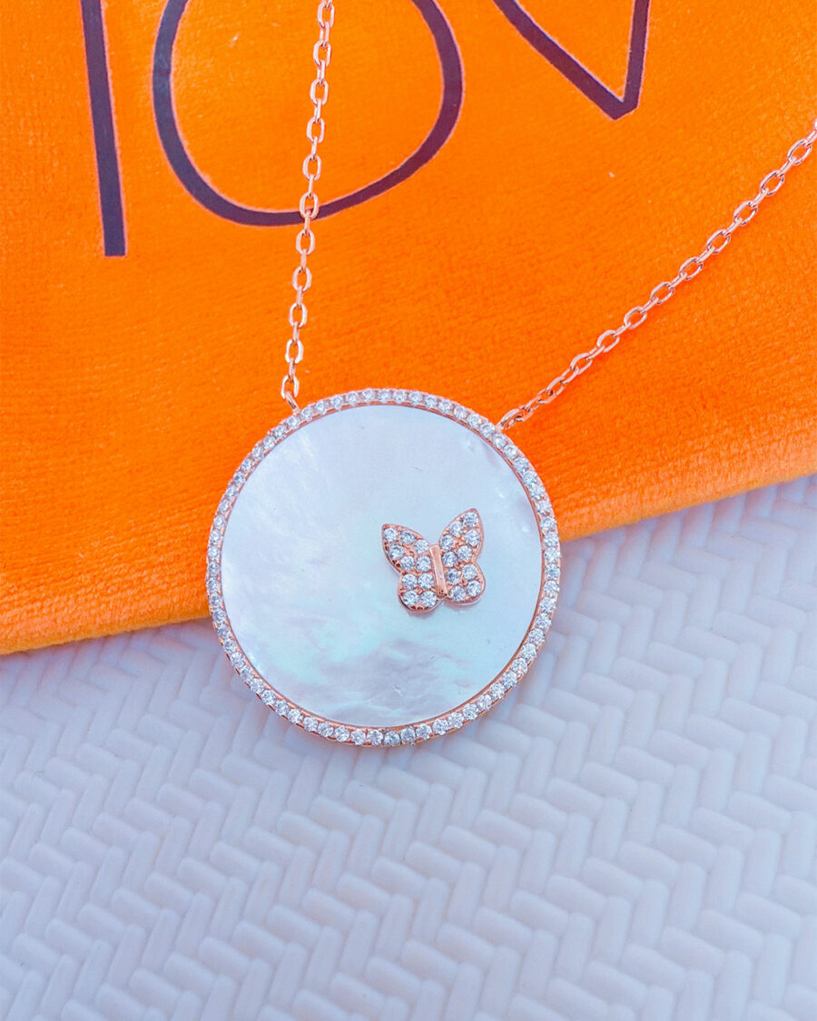 buterfly rosegold round shape MOP necklace.