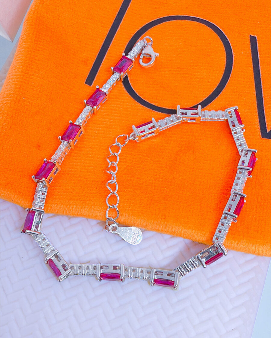 tennis bracelet with rectangualr pink and emerald color CZ. - Image 2