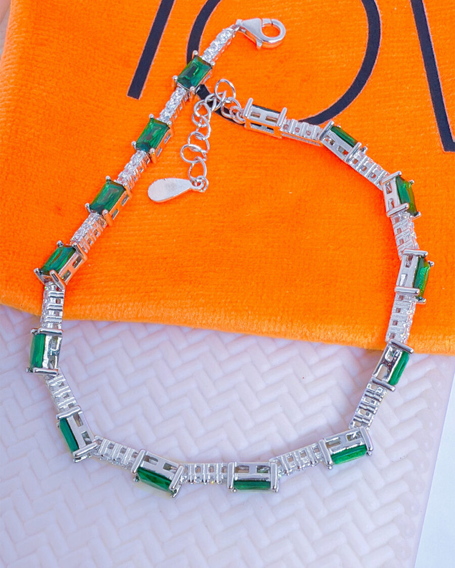 tennis bracelet with rectangualr pink and emerald color CZ.