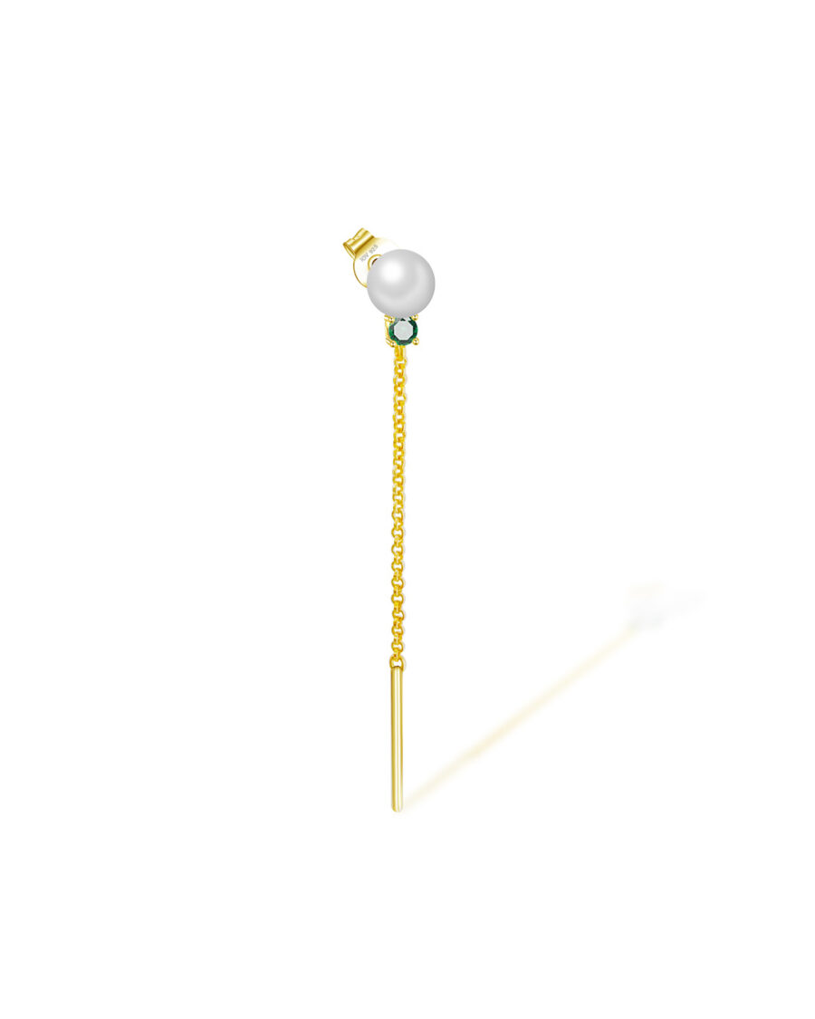 pearl and green CZ with dangling chain stud earring.