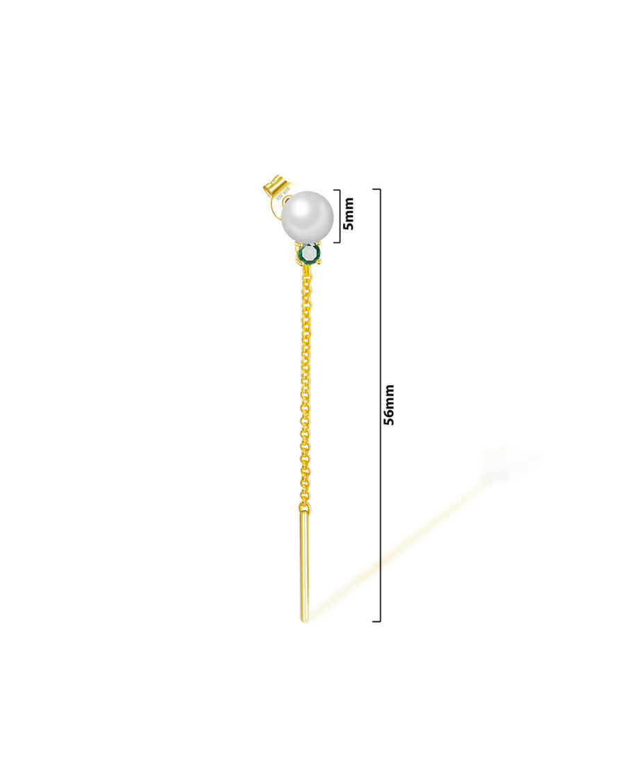 pearl and green CZ with dangling chain stud earring. - Image 2