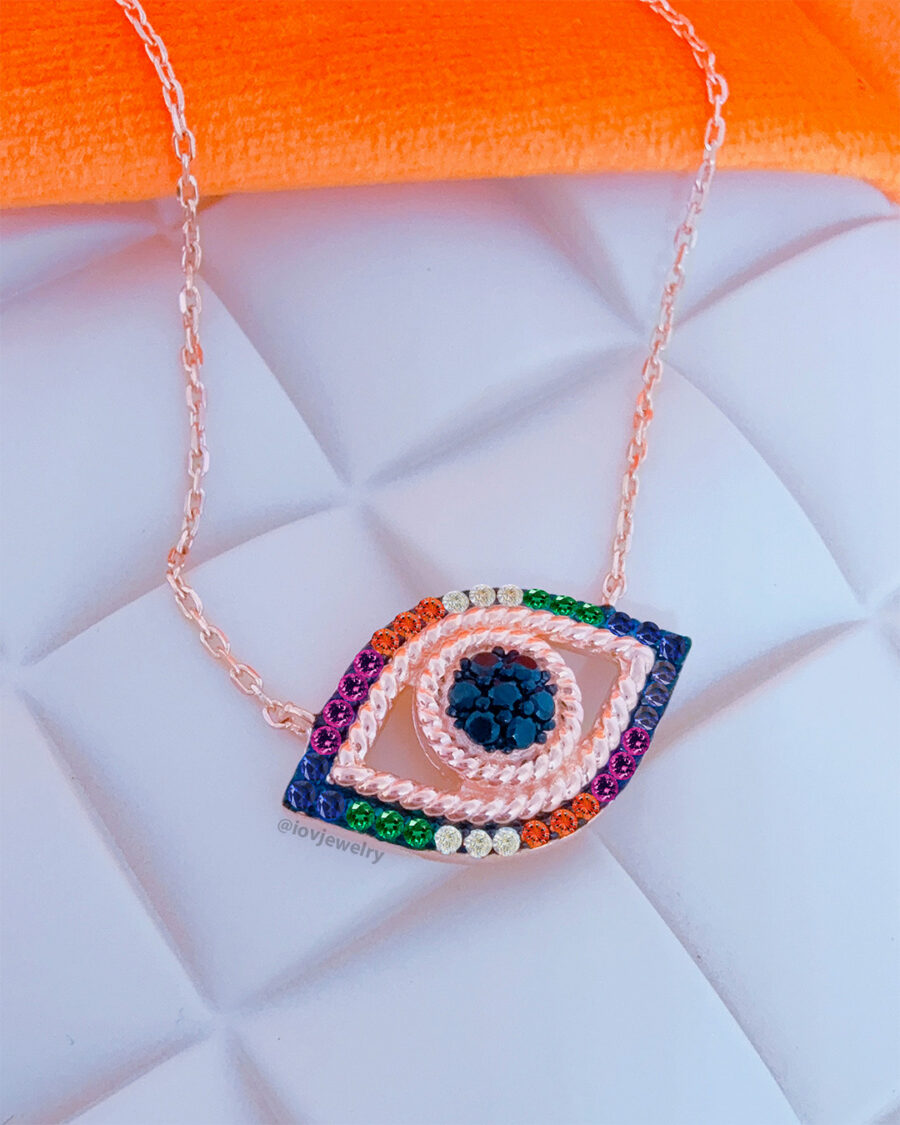 multicolor CZ rosegold eye shape necklace.