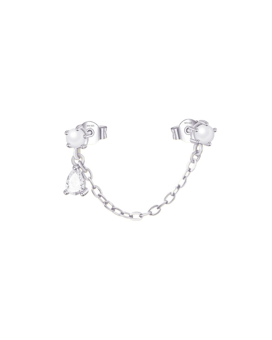 double pearl stud earring with one dangling pear CZ stone. - Image 3