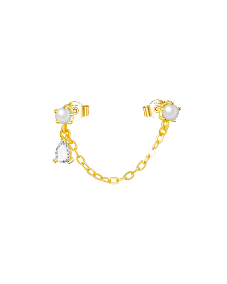 double pearl stud earring with one dangling pear CZ stone. - Image 2