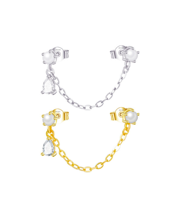 double pearl stud earring with one dangling pear CZ stone.