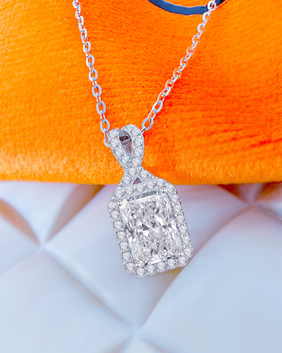 Radiant CZ stone in a halo setting necklace.