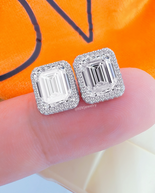 rectangular CZ Ascher cut in halo setting stud earring.