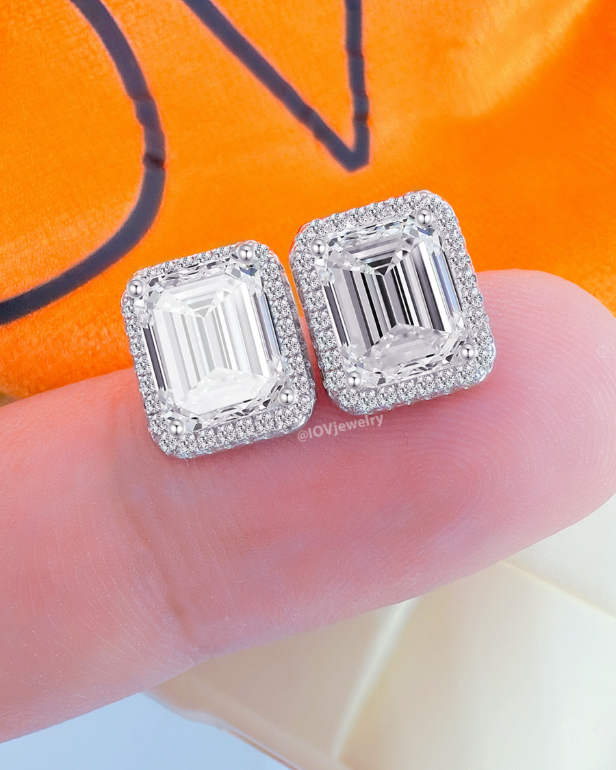 rectangular CZ Ascher cut in halo setting stud earring.